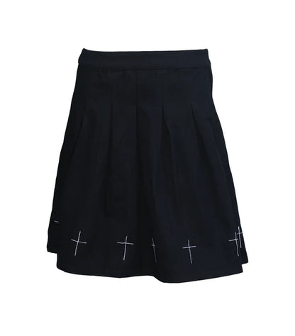 Dark Cross Pleated High Waist Mini Black Skirt