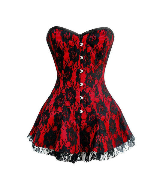 Red Satin Black Net Corset Dress