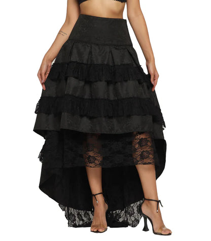 The Dark Romance High-Low Skirt with Black Brocade and Floral Net