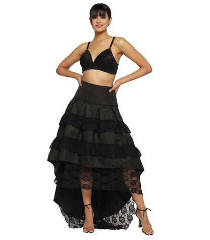 The Dark Romance High-Low Skirt with Black Brocade and Floral Net