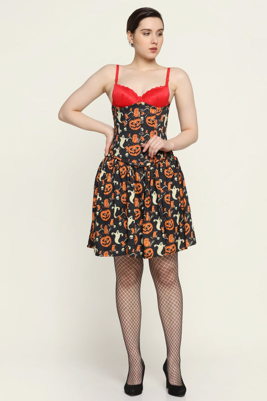 Pumpkin printed Waist Reducing Underbust Corset Dress