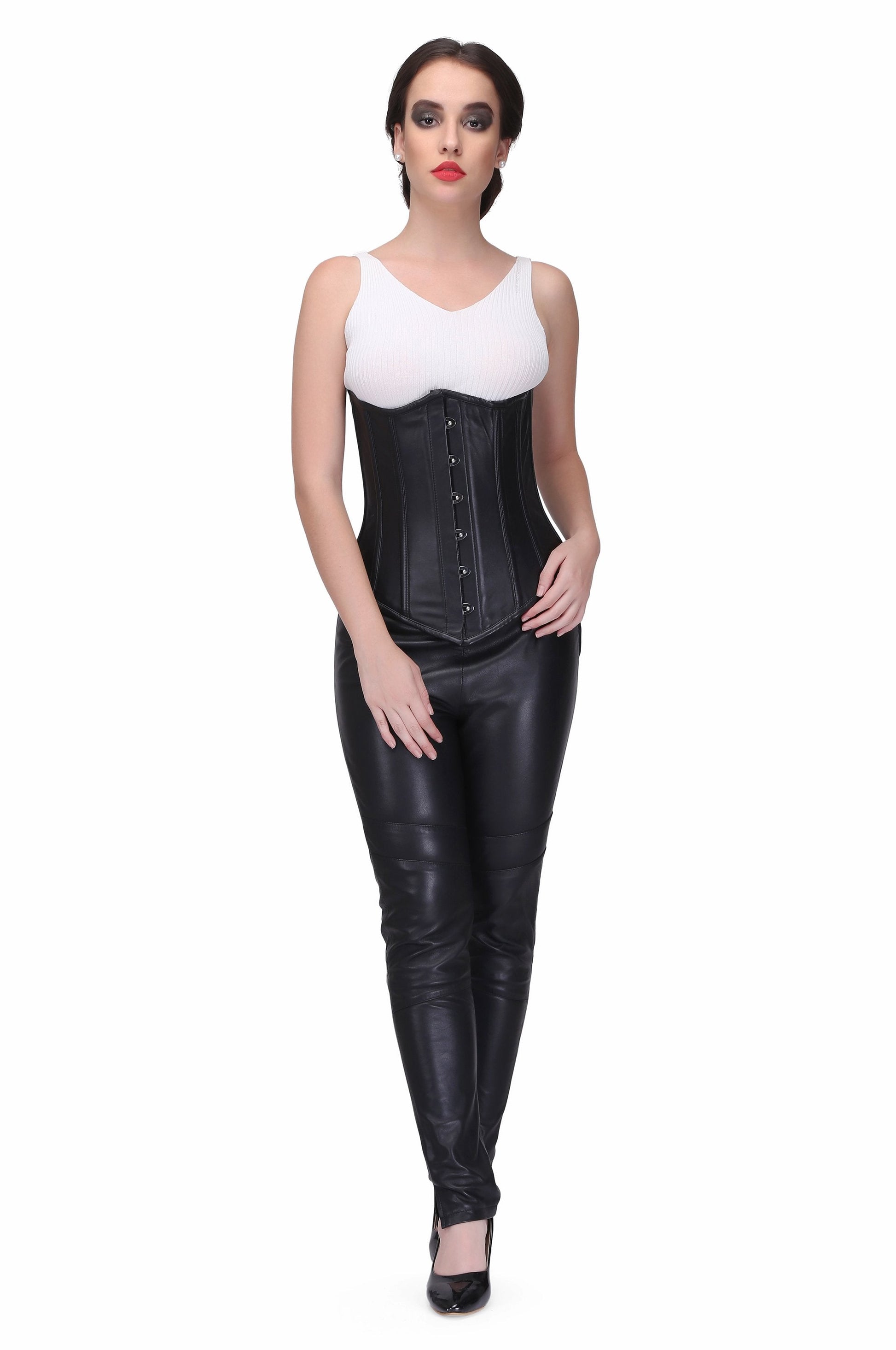 Black leather Steel Boned Waist Reducing Underbust Corset - Corset Revolution