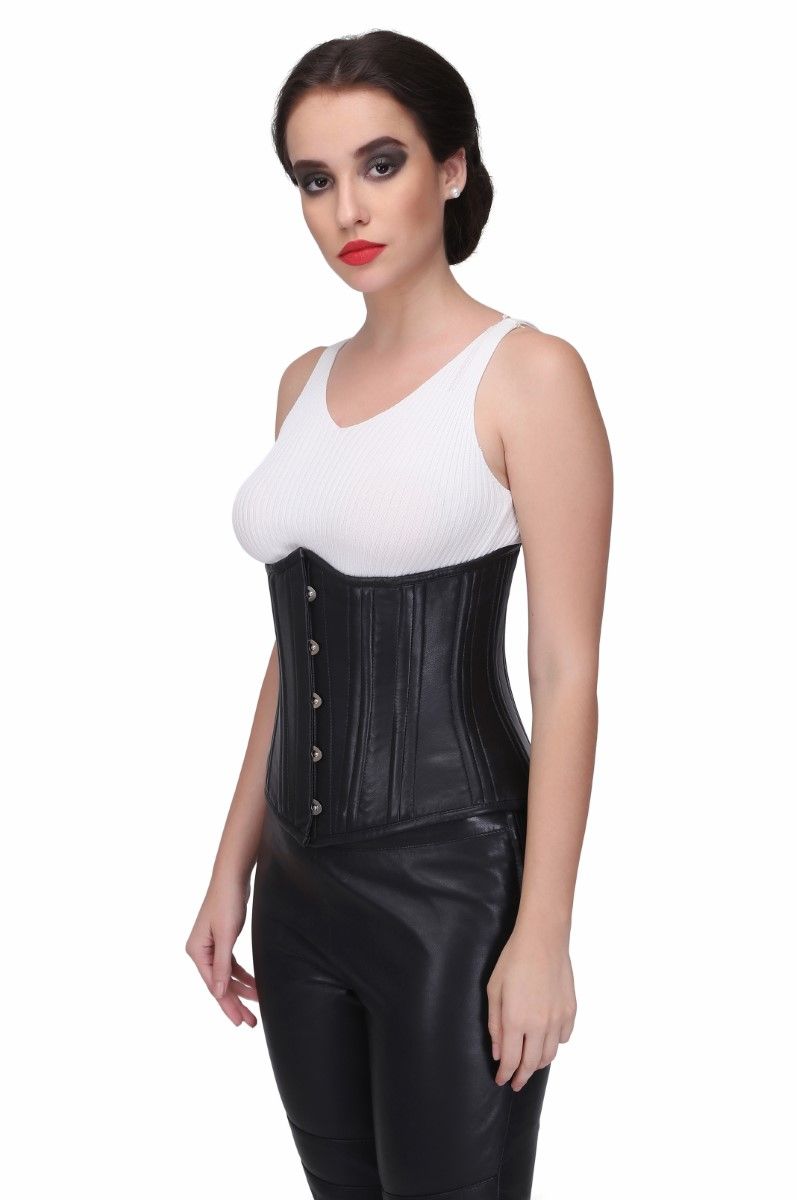 Black Steel Boned Waist Training Genuine leather Underbust Corset