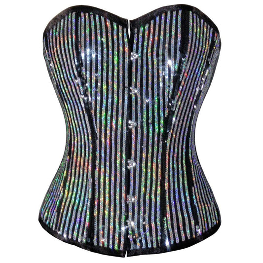 Venette Sequined Overbust Corset Silver Black - Corset Revolution